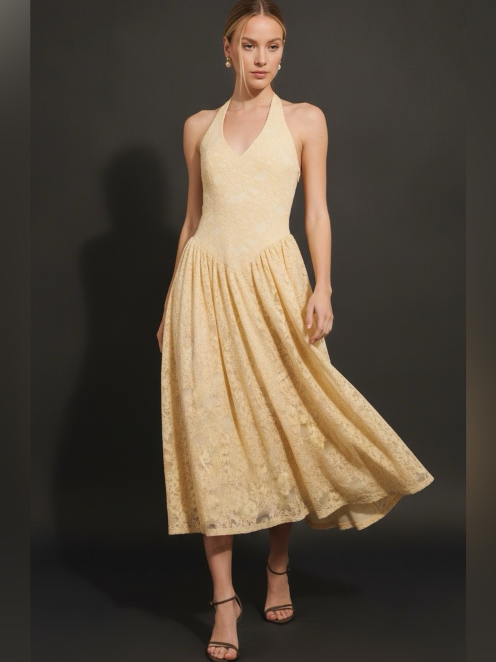 Exstro&Vert Mila Halter Dress Butter Yellow Lace Midi US M FairyCoret Whimsical